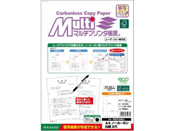 ヒサゴ マルチプリンタ帳票複写 A4 白紙2穴 100枚 FSCF2001