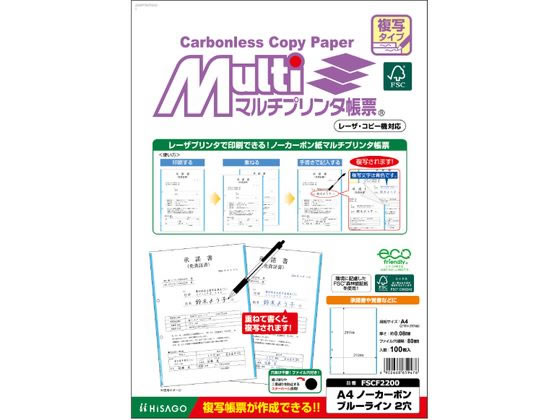 ヒサゴ マルチプリンタ帳票複写 A4 ブルーライン2穴 100 FSCF2200