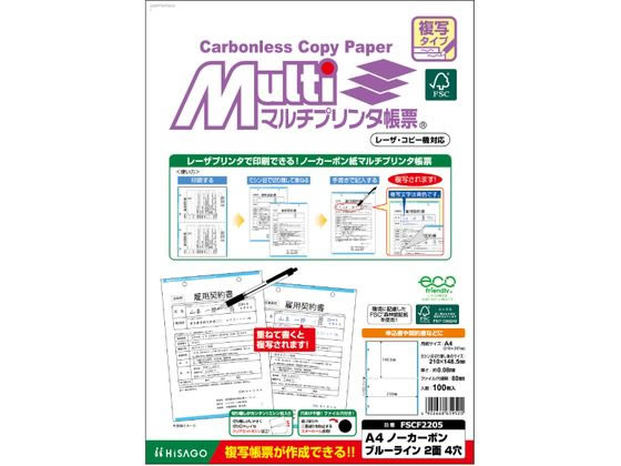 ヒサゴ マルチプリンタ帳票複写 A4 ブルー2面4穴 100 FSCF2205