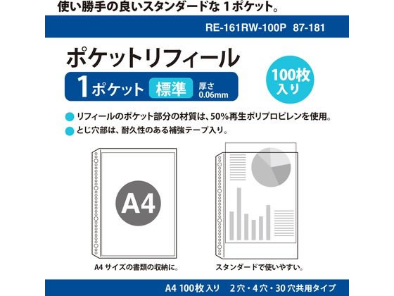 プラス 差替リフィル 1ポケット A4 2・4・30穴 100枚 透明 87181/RE