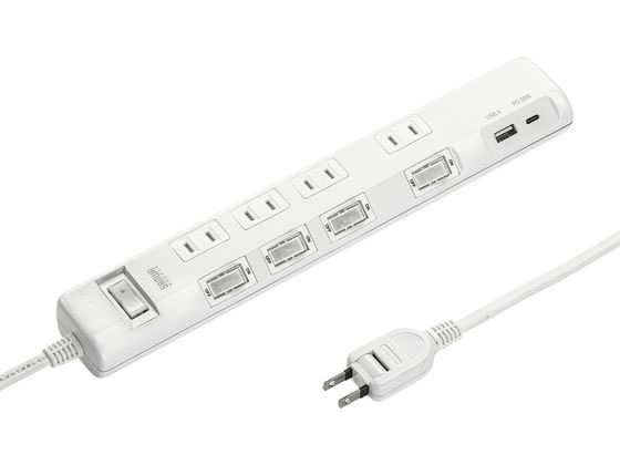 サンワサプライ 節電タップ 2P 4個口 2m ホワイト TAP-B107UC-2W