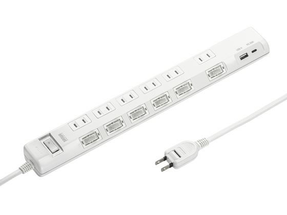 サンワサプライ 節電タップ 2P 6個口 2m ホワイト TAP-B108UC-2W