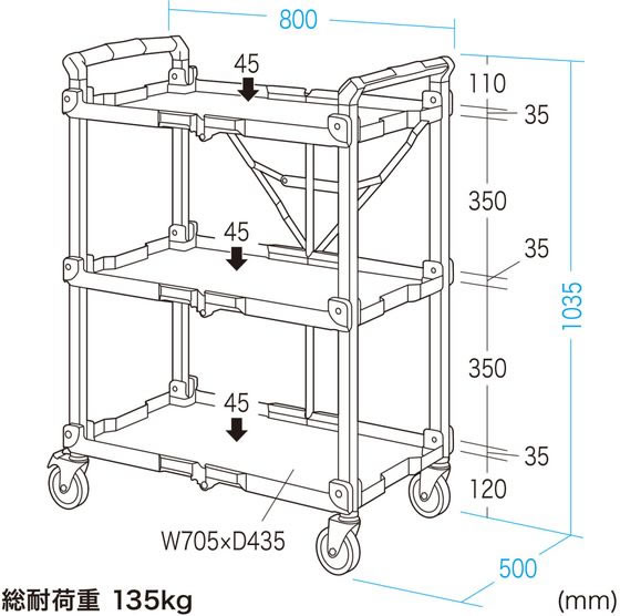 サンワサプライ 折りたたみカート 3段式 W800mm 耐荷重135kg CART-FA1GYが29,667円【ココデカウ】