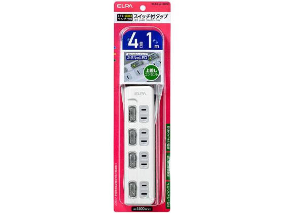 朝日電器 LEDスイッチ付タップ 上差2P4個口1m WLS-LU41EB(W)